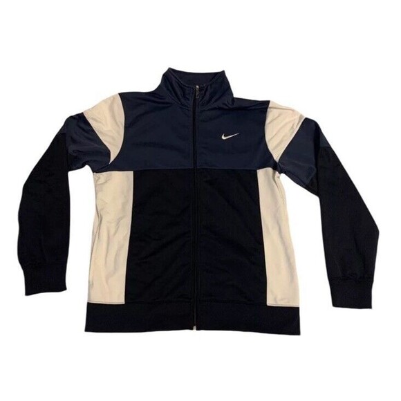 NIKE Mens Large Blue Black White Block Pattern Running Jacket Full zip Front - Picture 1 of 5